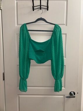 Urban Outfitters Emerald Green Puff-Sleeve Cropped Top with Front Cutout